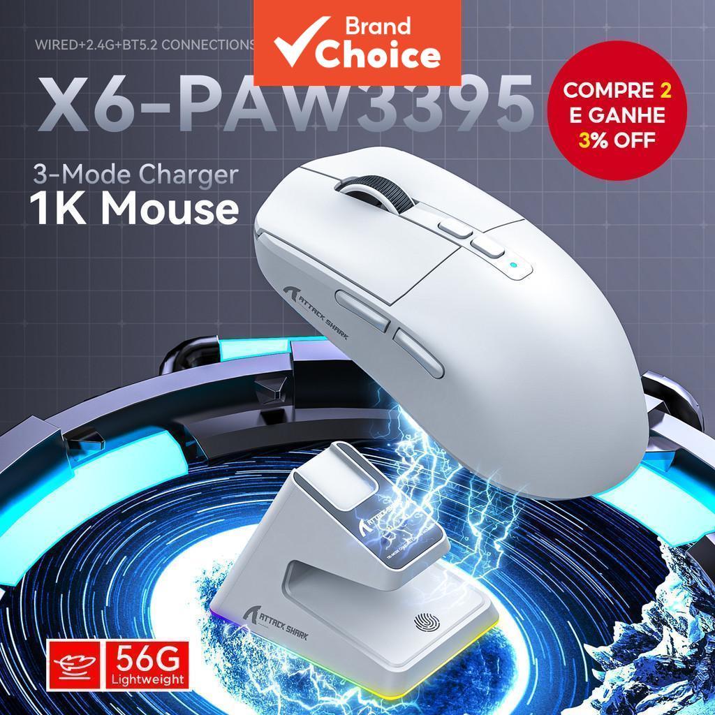  ATTACK SHARK X6 Mouse Gamer sem Fio Ultra-Leve 56g PAW3395 26K DPI 3 Modos Bluetooth 5.2/2.4G/Com Fio Bateria 200H 80M