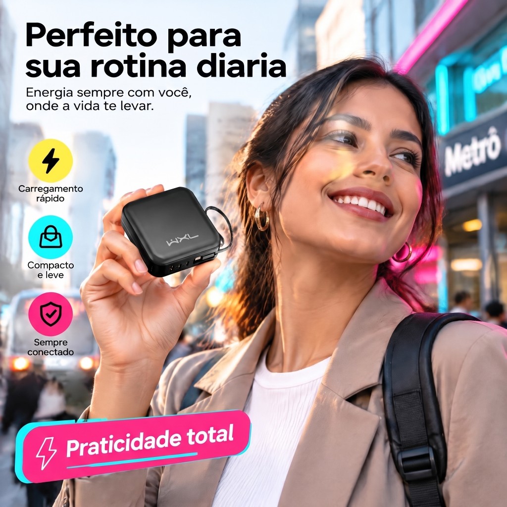 Power Bank 20000mAh 22.5W Alta Velocidade, Design Compacto, Alça de Transporte, Múltiplas Proteções