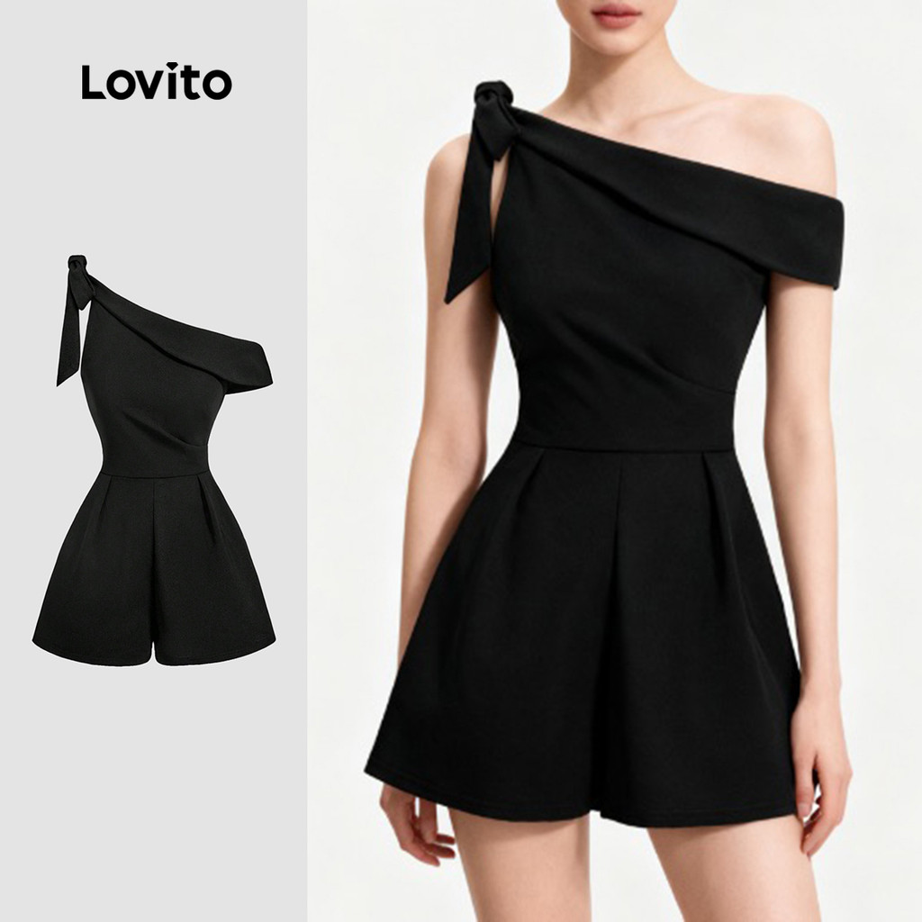 (NEW) Lovito Macacão Elegante Assimétrico com Laço Na Frente Primavera/verão Preto para Mulheres L155ED1440 em Oferta na Shopee