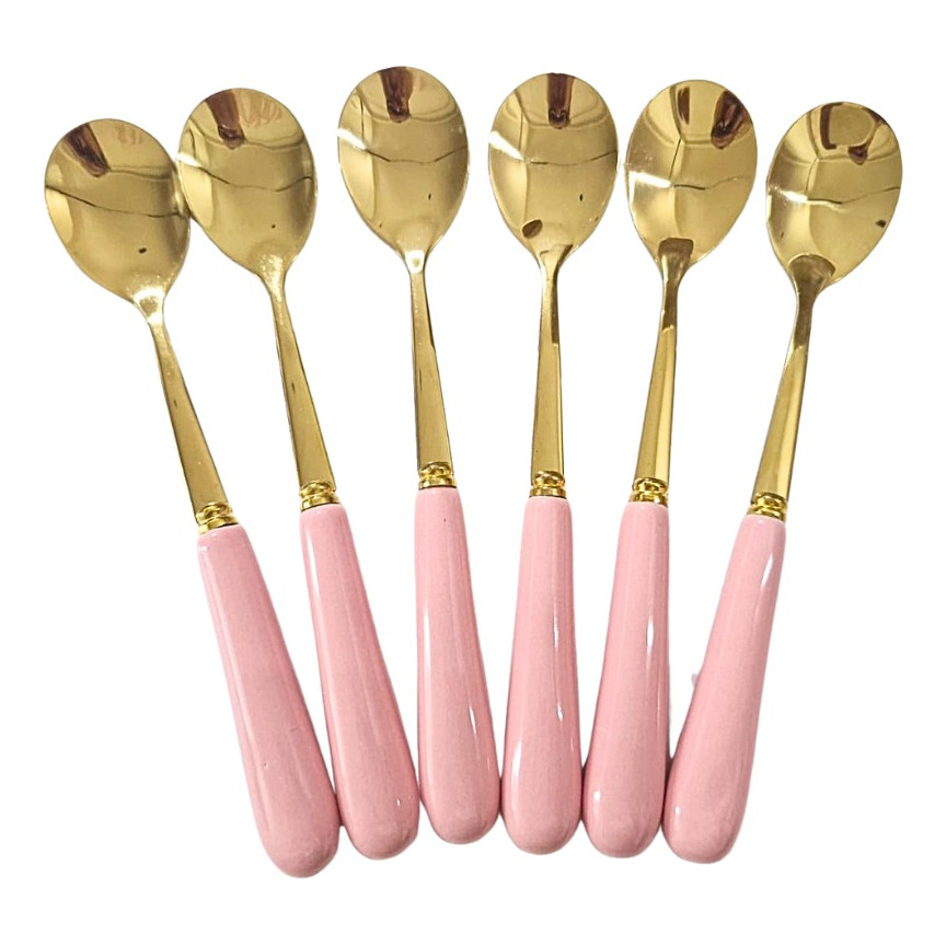Colher De Cha 6 Peças Cabo em Ceramica Rosa Esmaltada Alice em Oferta na Shopee