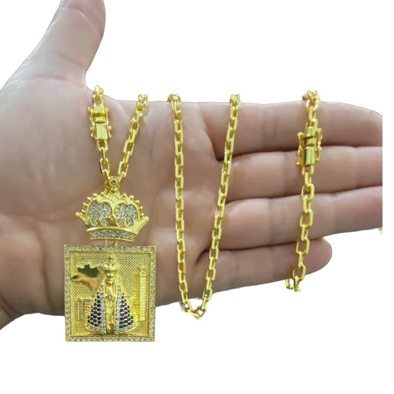 Cordão Cadeado 6 mm + Pulseira Masculino MOEDA ANTIGA Banhado a Ouro 18K