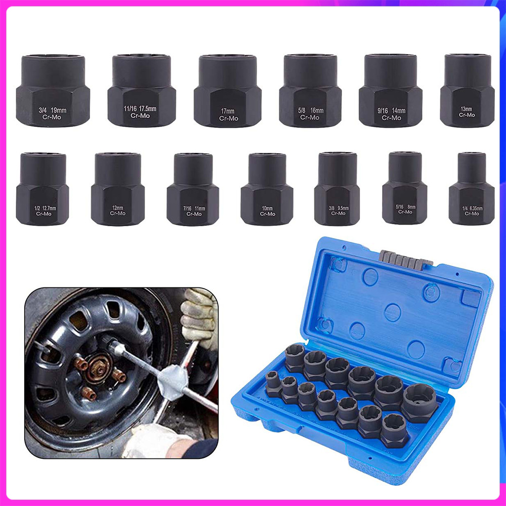 Kit 13 Peças Extrator Parafuso Manga Extratora Porca Remover Parafusos Danificados Enferrujados Aço Cr-Mo