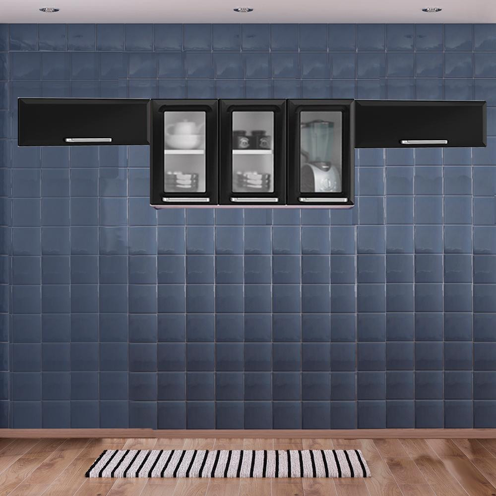 Kit armário aéreo de cozinha Itatiaia Luce preto com 3 portas de vidro e 2 portas horizontais