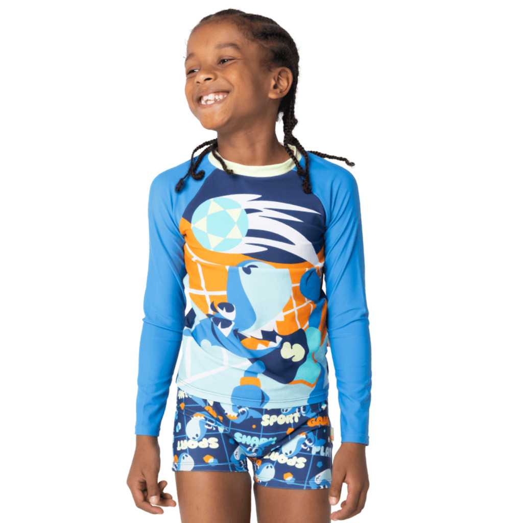Conjunto Camiseta e Sunga Proteção Solar Praia Piscina Verão Menino Tubarão Futevôlei Futvolei- PUKET
