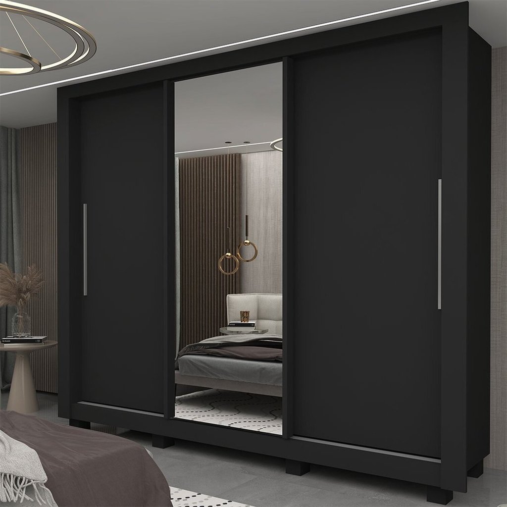 Guarda-roupa Casal 3 Portas 1 Porta Espelhada com Pés Milão Yescasa 100% MDF Preto em Oferta na Shopee