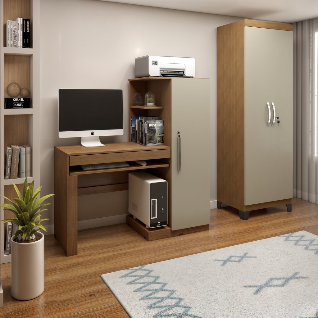 Conjunto Mesa para Computador Escrivaninha com Armário e Armário Multiuso 2 Portas com Chave Asteca Off White/Cinamomo em Oferta na Shopee