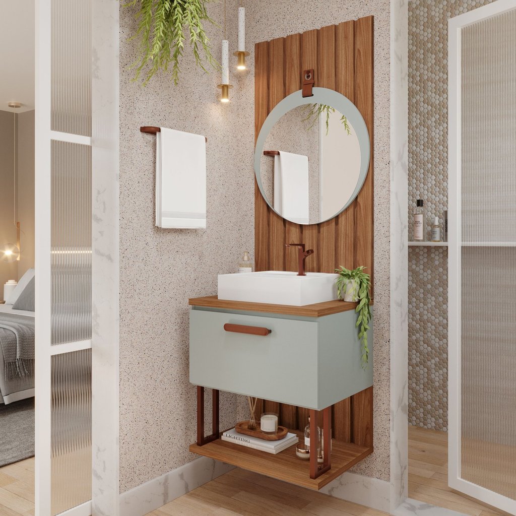 Gabinete Suspenso com Cuba, Painel Ripado e Espelheira 60cm Mari Espresso Móveis Pistache em Oferta na Shopee