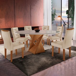 Conjunto Mesa Redonda com Vidro e 6 Cadeiras Tampo 120cmx120cm Barcelona Yescasa Cinamomo/Off White/Suede Pena em Oferta na Shopee