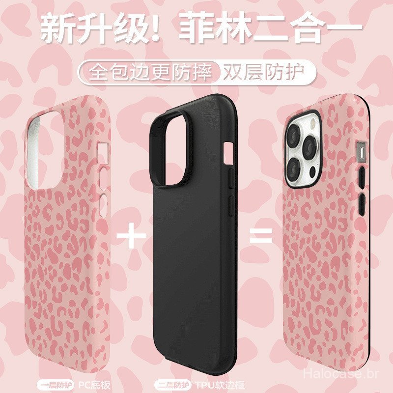 Capa de Telefone para iPhone Ins Tela Cheia Leopardo Rosa Capa de Telefone 2-em-1 para iPhone 17 Air/16 Pro/13 Pro/14 Ca