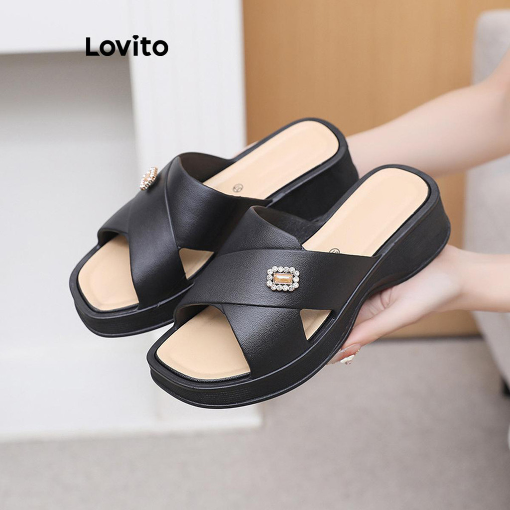 Detalhes do Lovito Sandálias abertas casuais Peep Toe à prova d'água para mulheres LFA65270