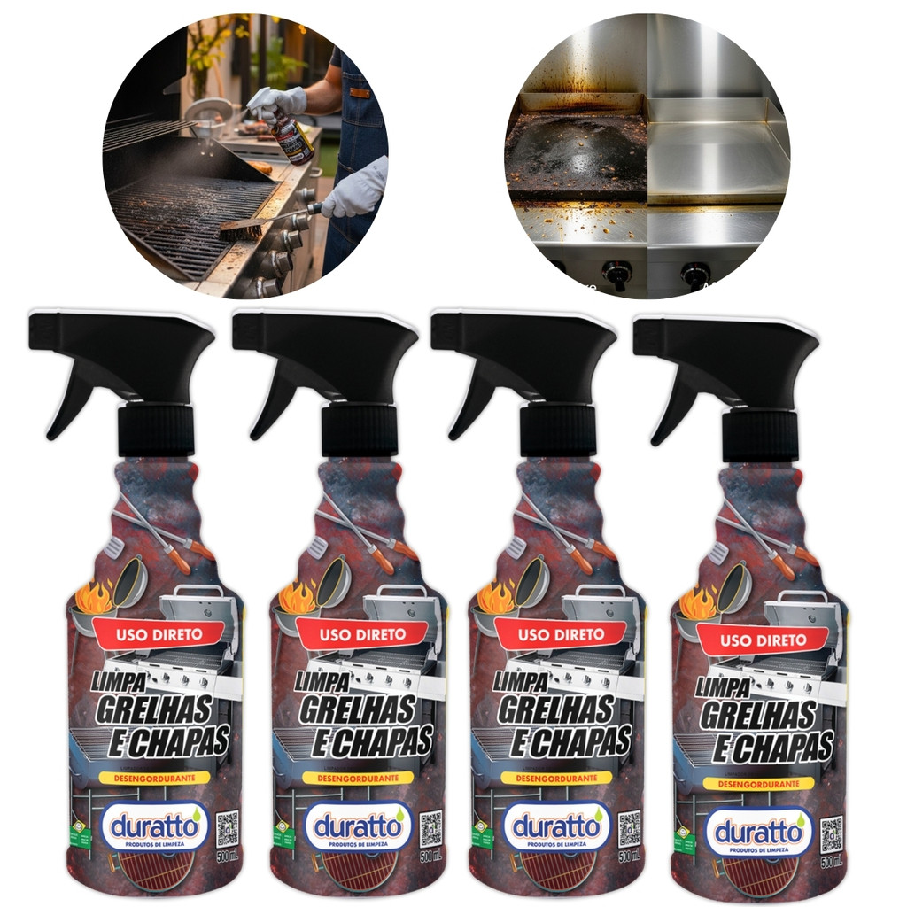 Kit 4 Limpa Grelha Chapa Desengordurante Utensílio Inox Tira gordura Carbonizada Grill Potente 500mL