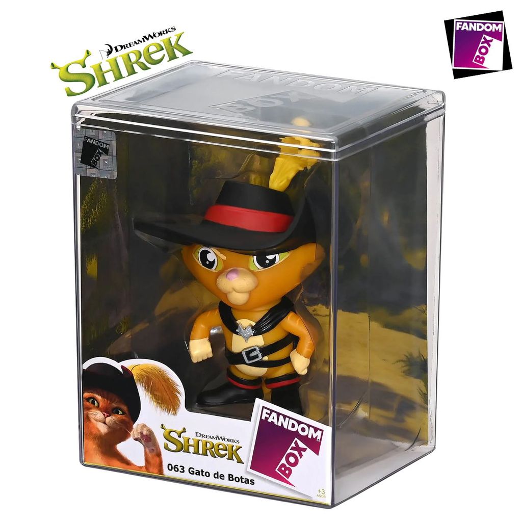 Boneco Fandom Box Gato de Botas Shrek Lider Brinquedos com Caixa Acrílica Transparente