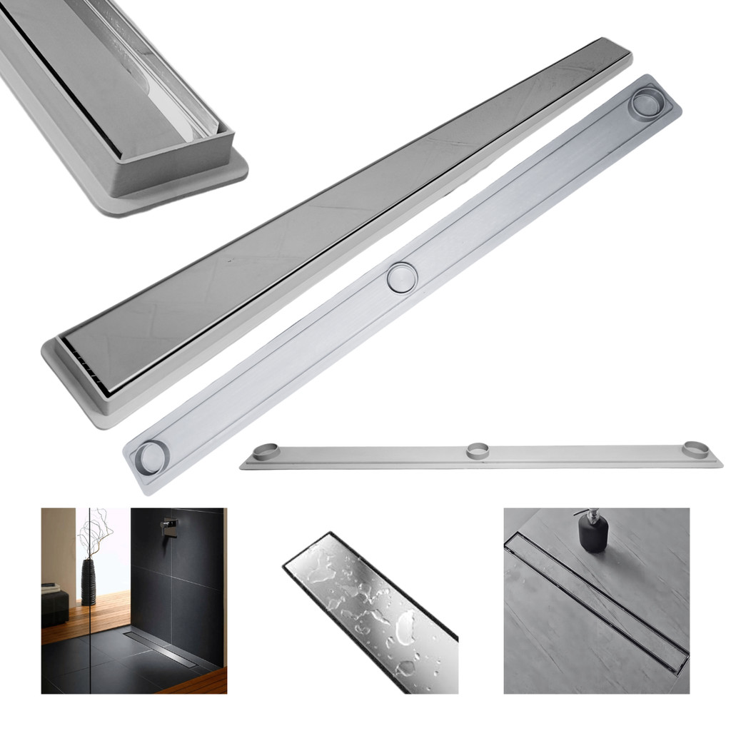 Ralo Linear Banheiro Apartamento Tampa de Inox Oculta 80cm x 5cm Raso Cinza