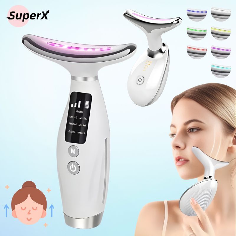 Massageador Facial e de Pescoço 7 em 1 com LED – Rejuvenescimento e Firmeza da Pele