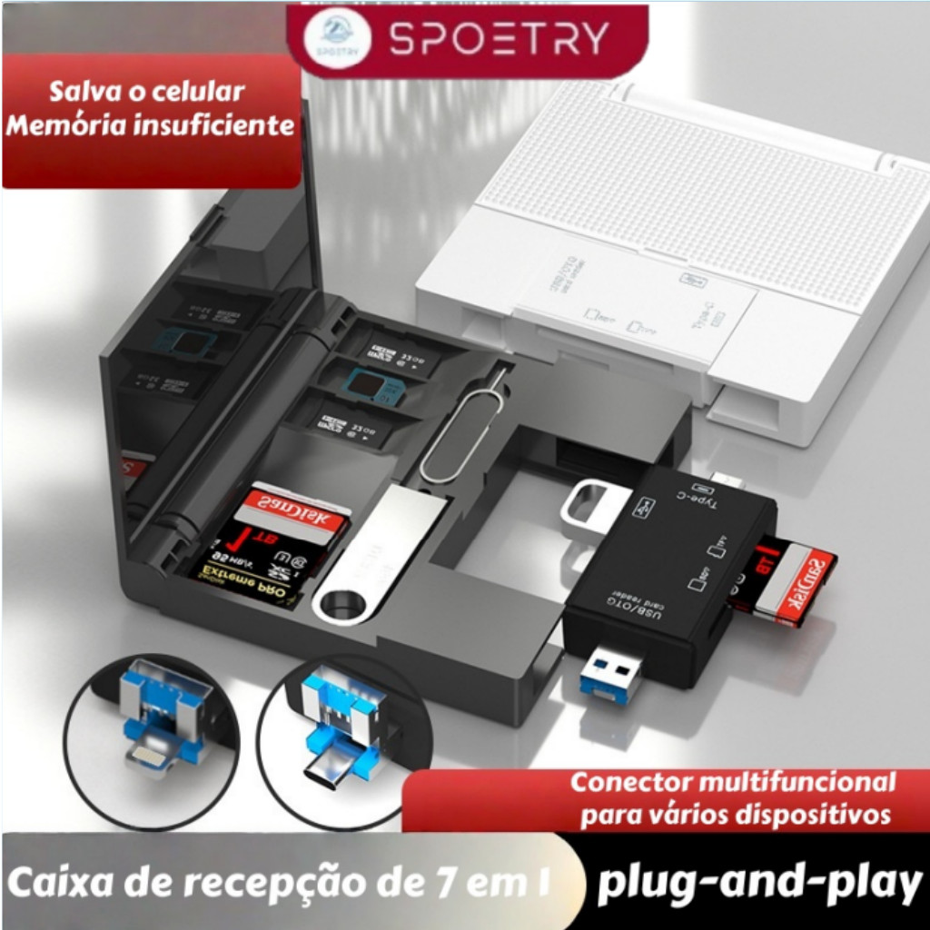 Leitor de Cartão 7 em 1 com Case: Compatível com SD, Micro SD (TF) e Type-C para PC e Celular