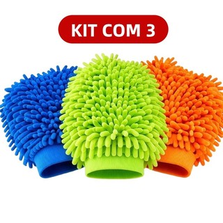 Kit 3 Luva de Microfibra Chenille para Lavar Carro, Macia Não Risca Pintura, Multiuso Lim…