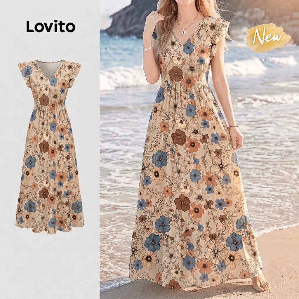 (New Arrival) Lovito Vestido Elegante com Babados e Bainha de Babado Vestido de Primavera/verão para Mulheres LK7ED1405