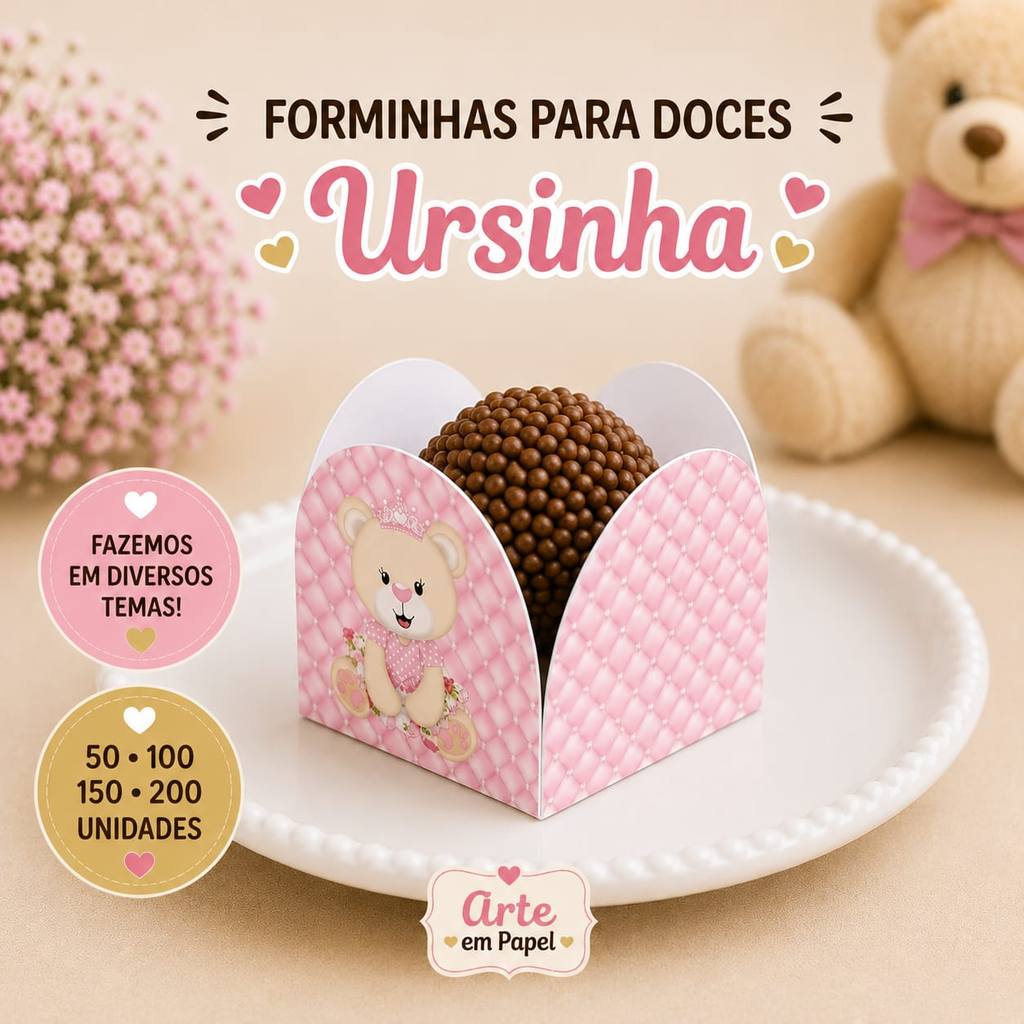 Forminhas Para Doces Personalizadas 4 Pétalas URSINHA ROSA CHÁ DE BEBÊ Envio 24H Festa Aniversário Brigadeiro