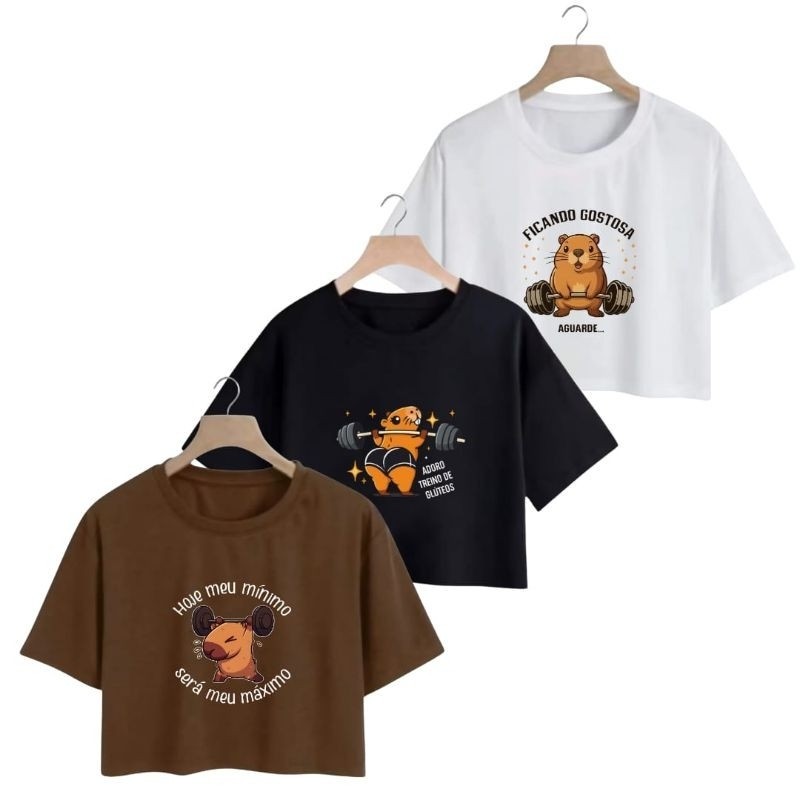 Kit 3 Blusinha Cropped Feminino Academia Gola Redonda 100% Algodão Tecido Leve Confortável Estampada