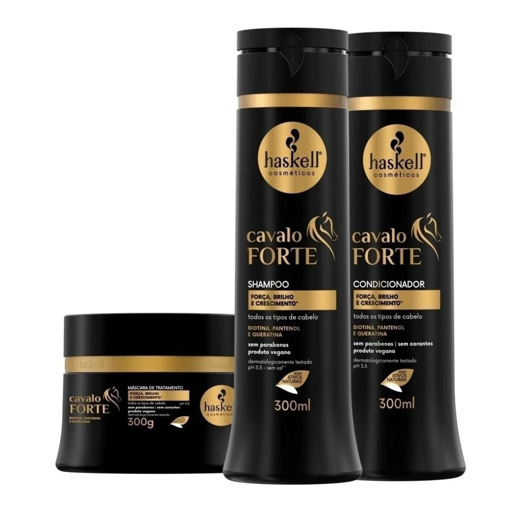 Cavalo Forte Haskell Kit Shampoo Condicionador Máscara Biotina Pantenol Tratamento Capilar