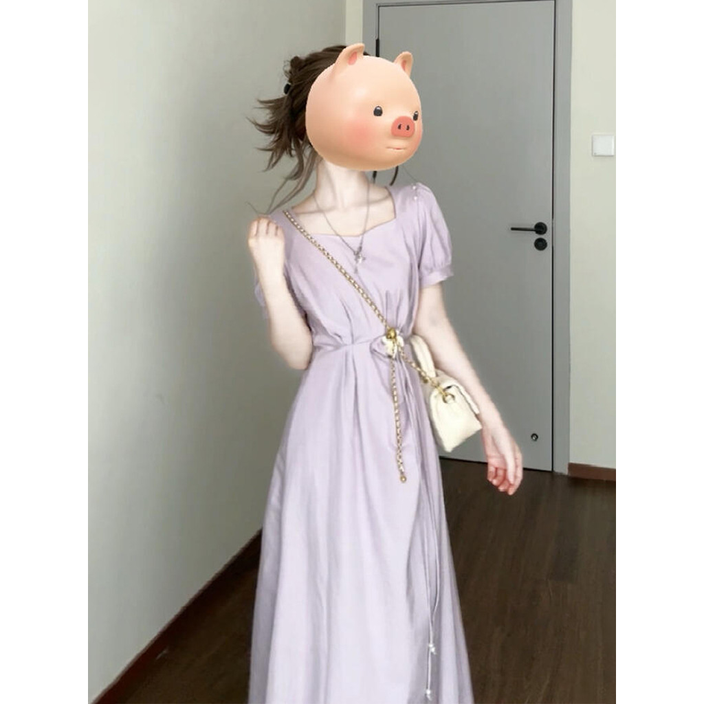Vestido francês quadrado roxo feminino verão 2025 novo estilo Popular deste ano estilo de venda quente elegante saia lon
