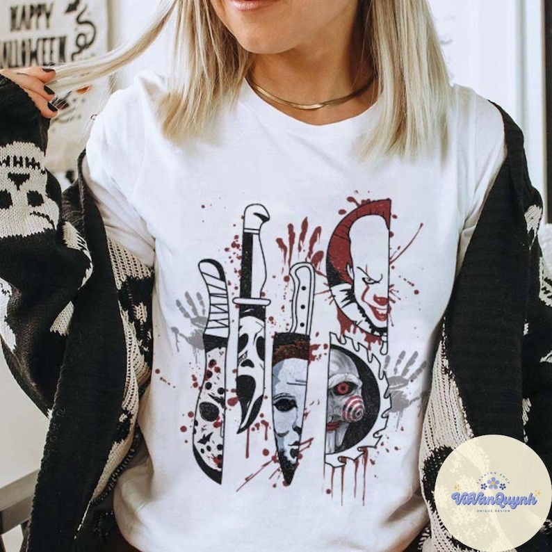 Camiseta Masculino Feminino Fofo Branco Camisa Facas de Personagens de Terror Algodão Premium