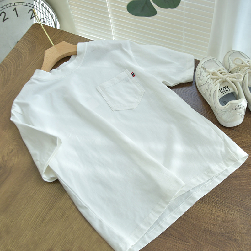 Crianças verão solto pele-amigável álcool macio algodão bolso de manga curta camiseta meninos branco simples todos @-