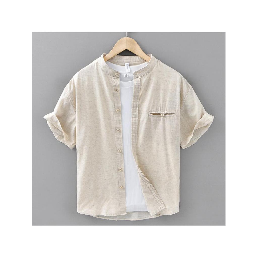 Nova camisa masculina de manga curta solta estilo chinês verão algodão linho cor sólida simples gola alta topo 923