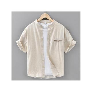 Nova camisa masculina de manga curta solta estilo chinês verão algodão linho cor sólida simples gola alta topo 923