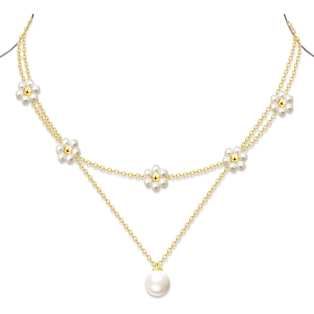 Conjunto de Colares de Pérolas OGD Gold para Mulheres, Banhado a Ouro 14K, Colar de Pérolas Delicado em Camadas, Gargant