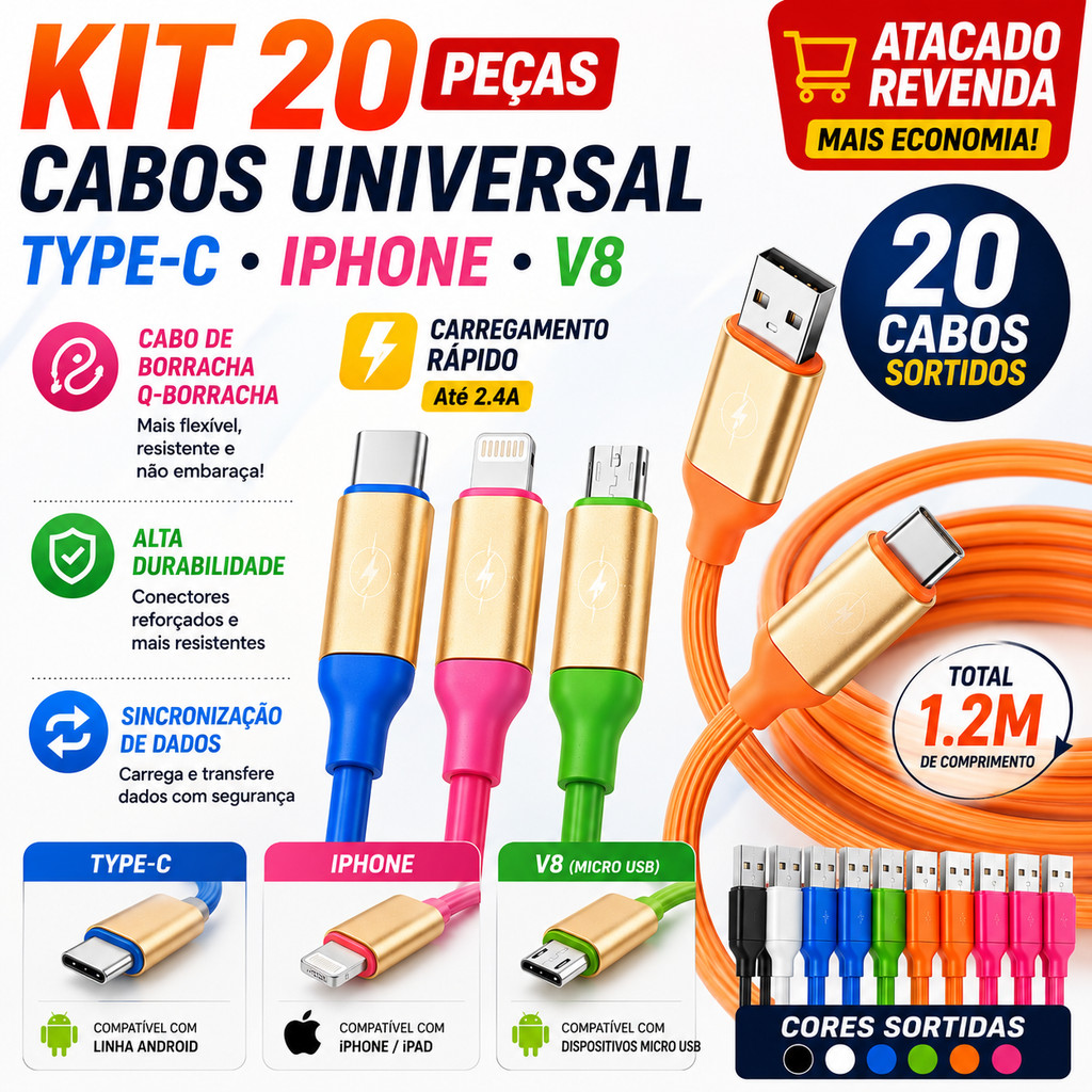 Kit 20 Cabo Carregador Dados Emborrachado | USB Tipo-C, V8 e iPhone Lightning | Carregamento Rápido Atacado