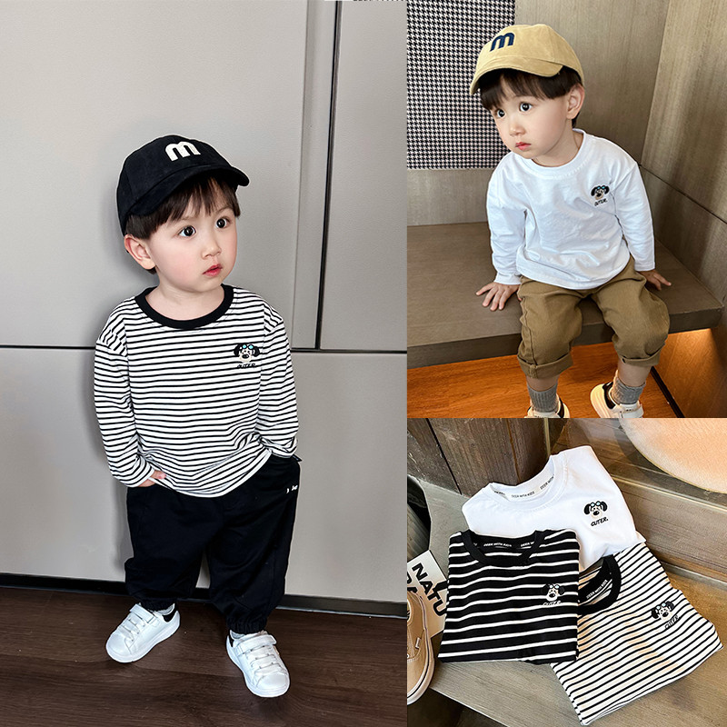 Bebê listrado camiseta crianças versão coreana bordado dos desenhos animados filhote de cachorro camiseta crianças moda 