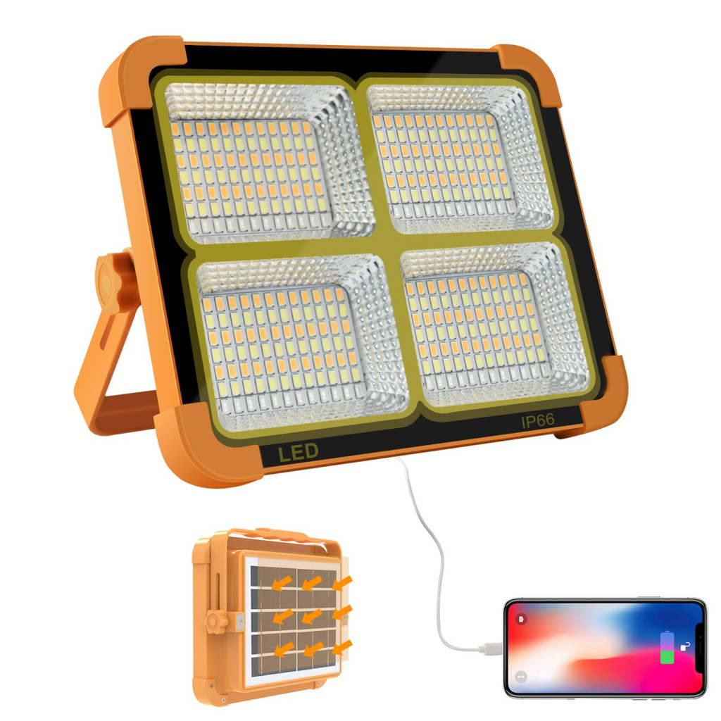 Refletor LED Solar Recarregável, Luz Portátil para Iluminação de Emergência e Acampamento ao Ar Livre