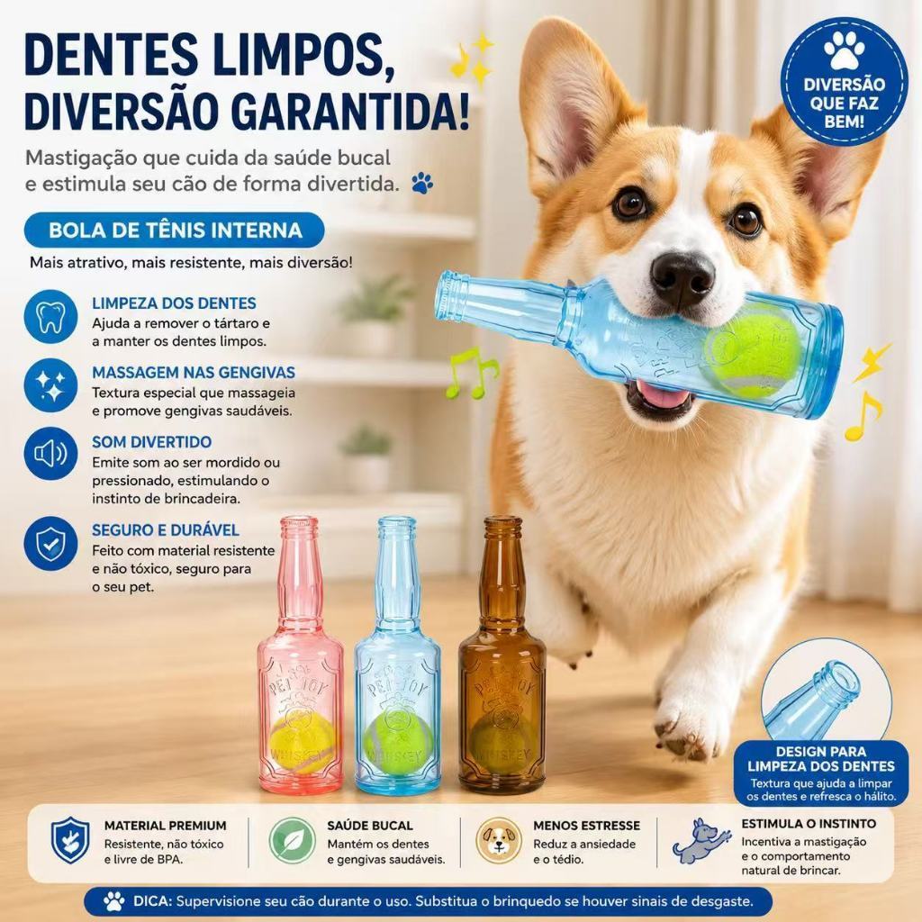 Mordedor Pet com Bola de Tênis Garrafa TPR Resistente para Cães Limpeza Dental
