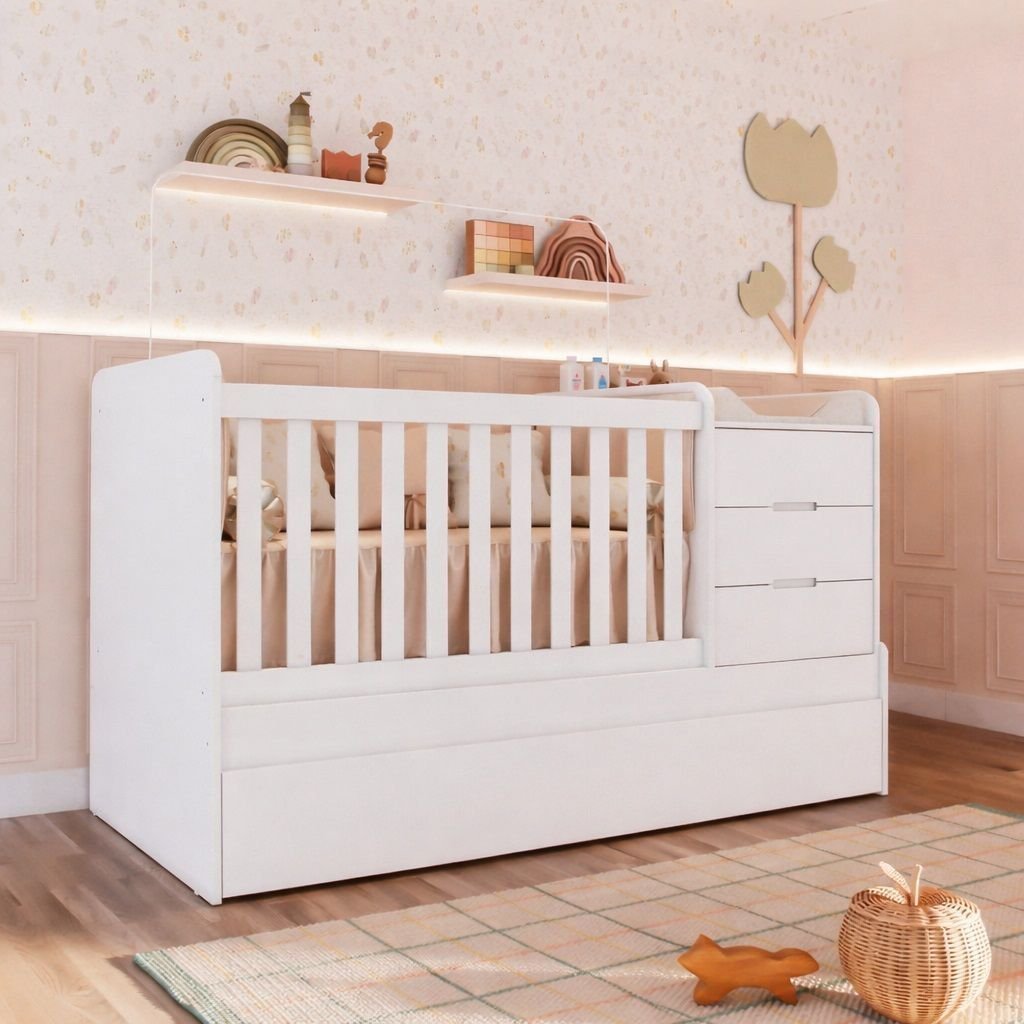 Berço Multifuncional Americano Bicama Gaveteiro Cléo 100% MDF Branco