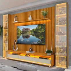 Rack com Painel para TV até 84 Polegadas Ripado Vidro Reflecta LED 100% MDF 224CMX304,8cm Nobre Clean Requinte Luminare