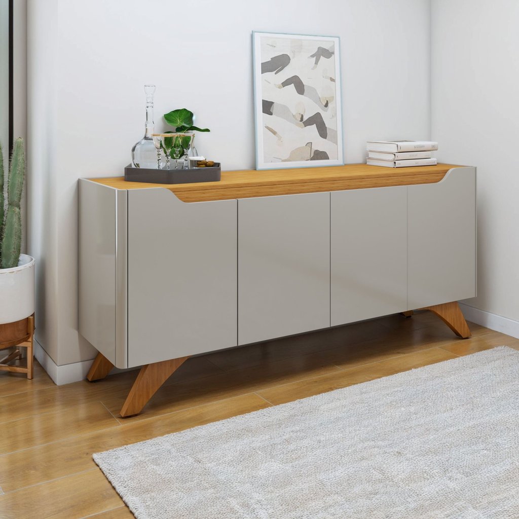Buffet Aparador 100%MDF 4 Portas Pés em Madeira Maciça 180cm Grécia Off White/Naturalle