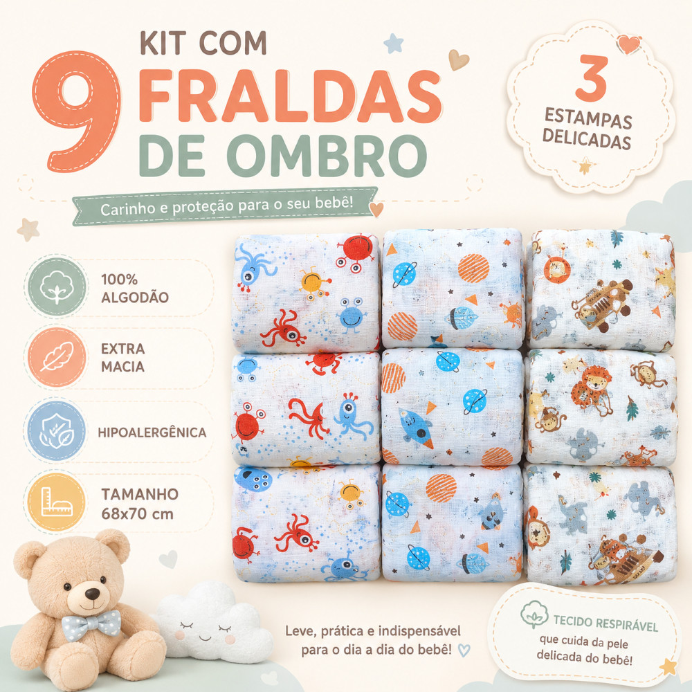 Kit 9 Fralda de Pano Grande Estampada Com Bainha Menina Menino Enxoval Algodão