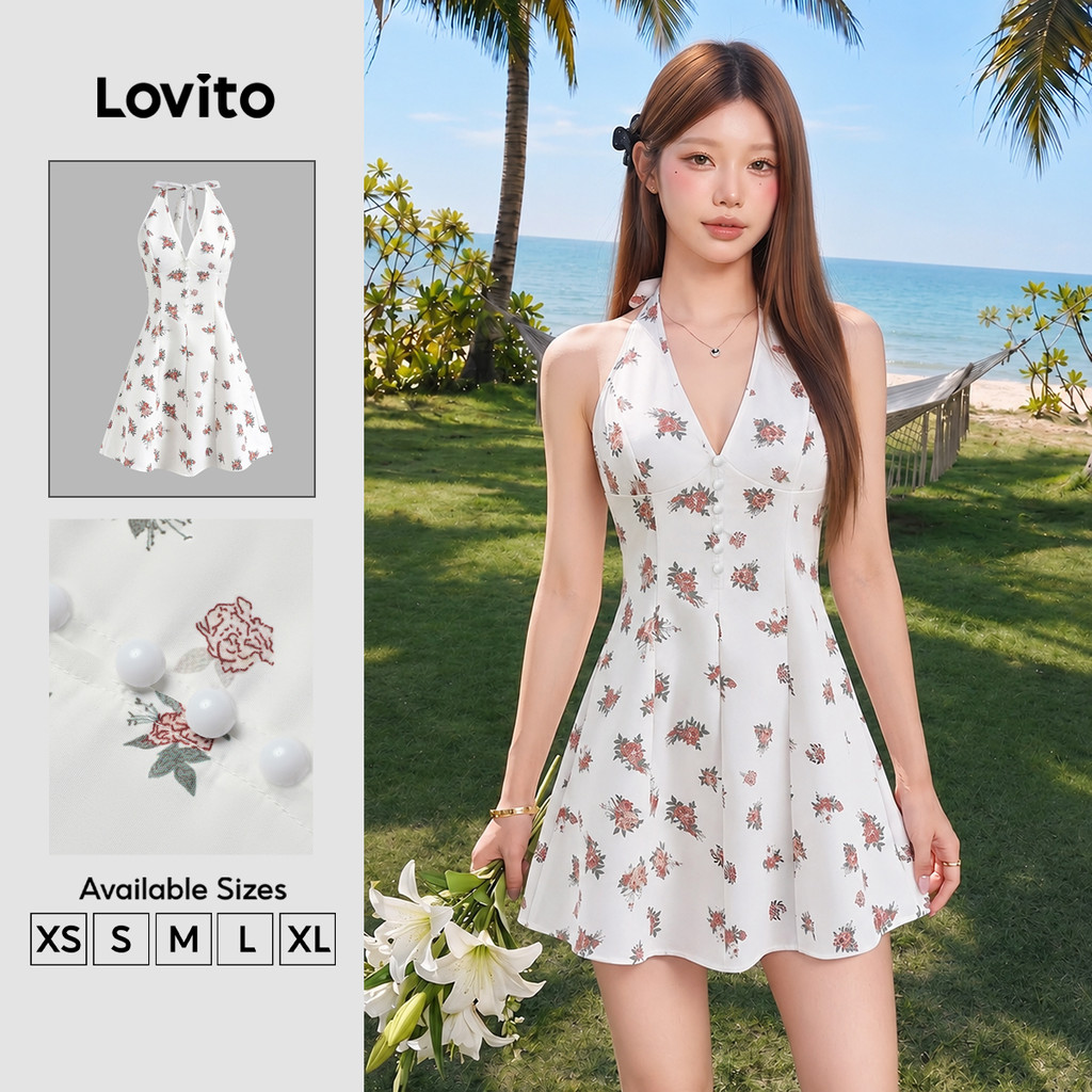 Lovito Férias Vestido Ditsy Floral Drapeado Botão Primavera E Verão Vestido Para Mulheres L125AD474