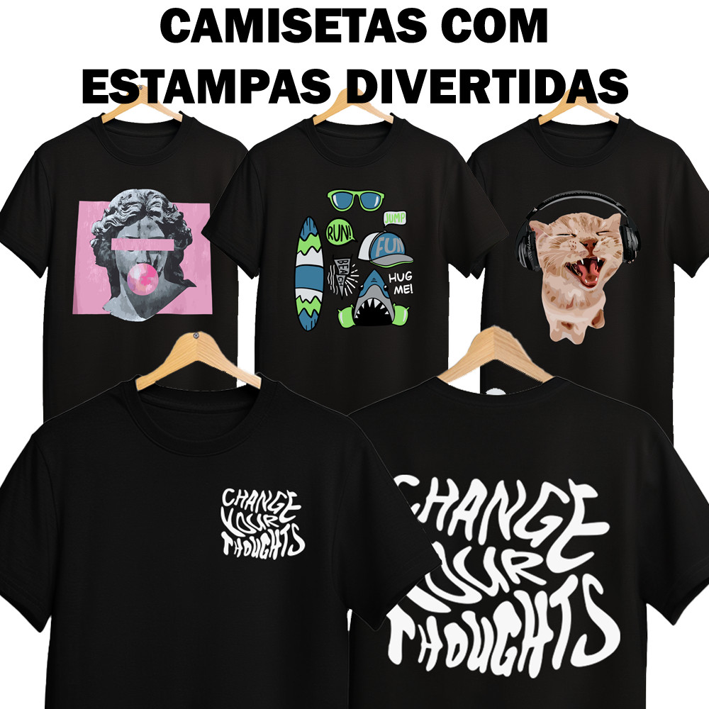 Camisetas Preta Unissex Infantil e Juvenil 2 ao 16 anos Estampas Variadas Streetwear Moda 2026