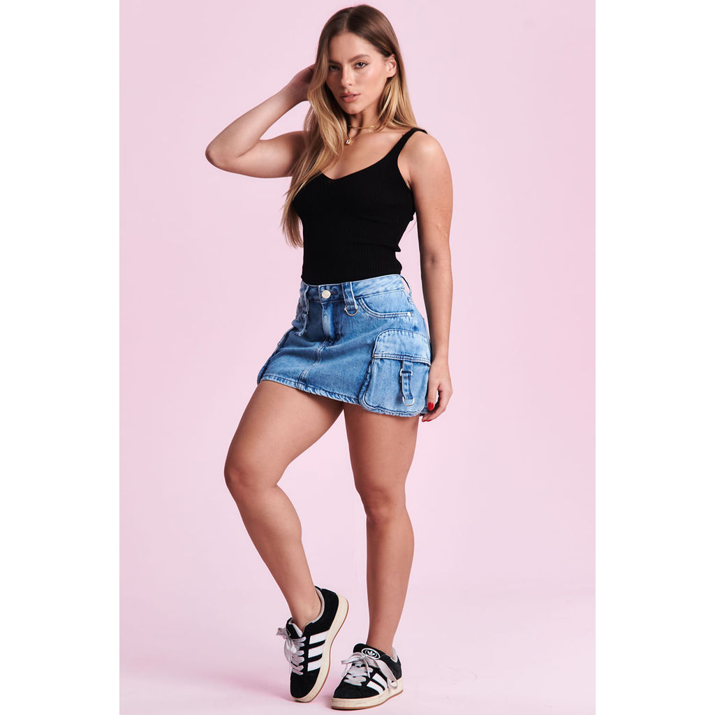Saia Curta Jeans Cargo Fivelas Planet Girls Jeans Claro