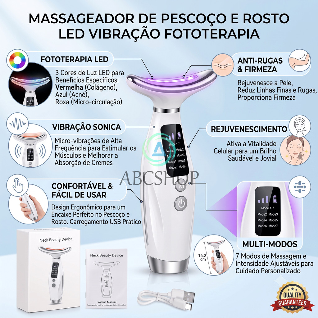 Massageador De Pescoço e Rosto LED Vibração Fototerapia Para Rejuvenescer Firmeza Anti-Rugas