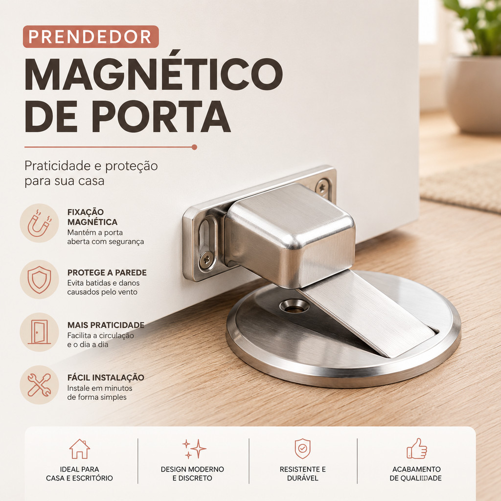 Prendedor Trava de Porta Magnético Aço Inox Fixador Parede Piso