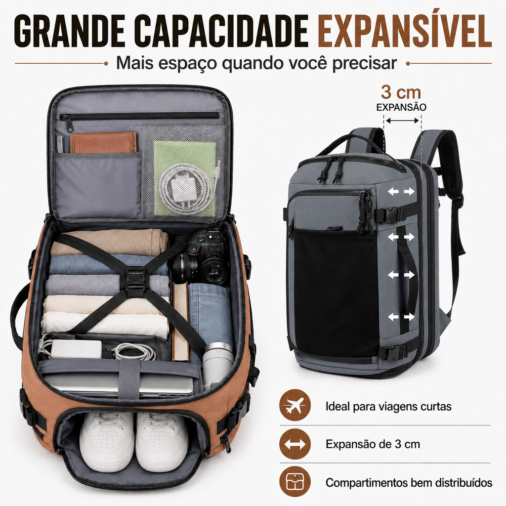 Mochila Executiva Viagem Notebook Expansível 3 Em 1 43x29x22cm Bolsa Mala Bordo Com Sapateira Preta