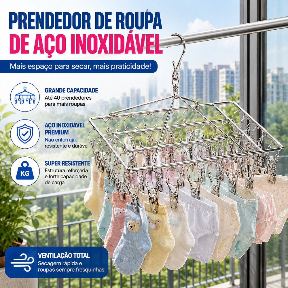 Varal 40 Prendedores Aço Inox Durável Portátil Reforçado Antiderrapante para Calcinha Cueca Meia em Varanda e Casa