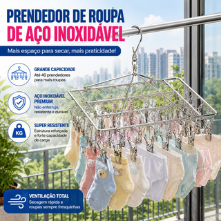 Varal 40 Prendedores Aço Inox Durável Portátil Reforçado Antiderrapante para Calcinha Cueca Meia em Varanda e Casa