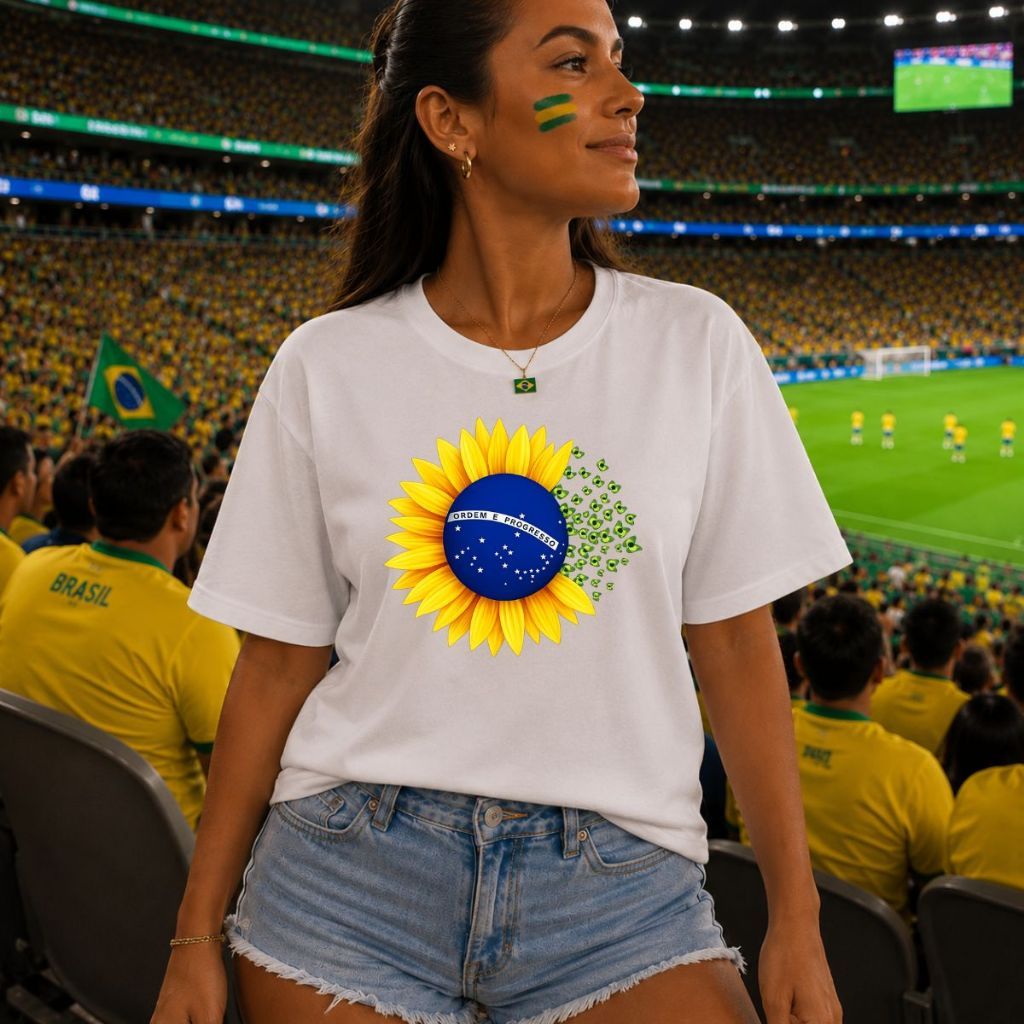 Camiseta Feminina Girassol Mini bandeiras Do Brasil Modelo Copa 2026 lançamento - MTS