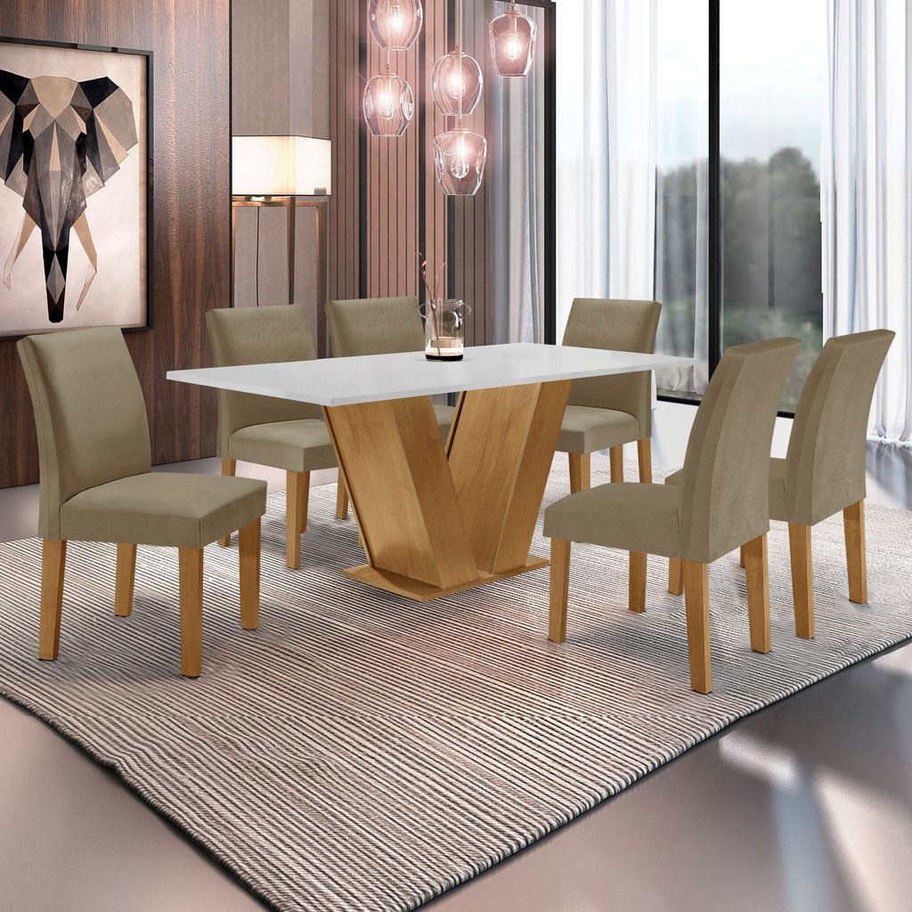 Conjunto Sala de Jantar Mesa 6 Cadeiras MDF e Vidro Espanha Yescasa Cinamomo/Off White/Veludo Bege Escuro Ype/Off