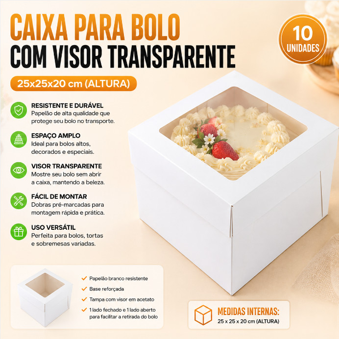 10 caixas 25x25x20 para bolo alto papelão branco com visor