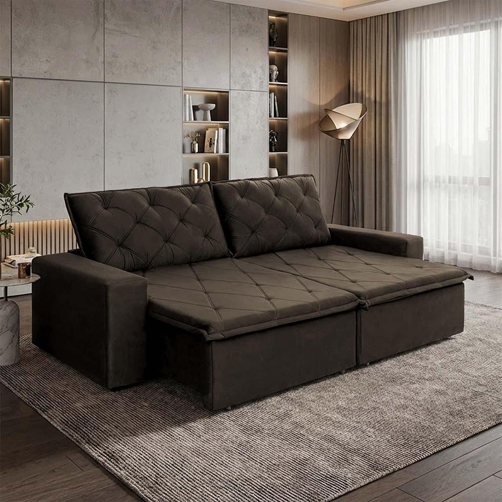 Sofá Cama Bangkok Sem Caixa 3,00m Retrátil e Reclinável Com Molas Velut Marrom- King House